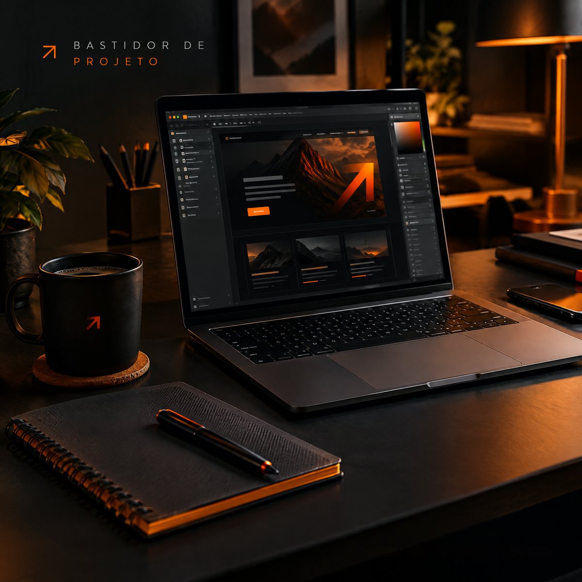 Bastidor de projeto — site e artes sendo construídos no estúdio