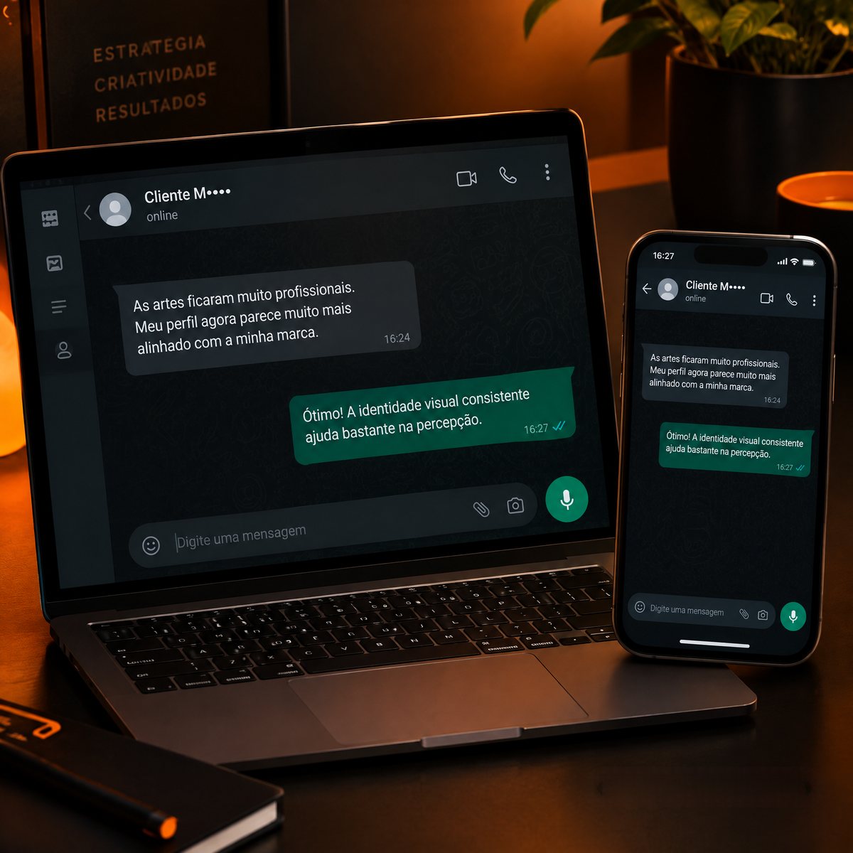 Conversa no WhatsApp: cliente elogia as artes e o alinhamento com a marca