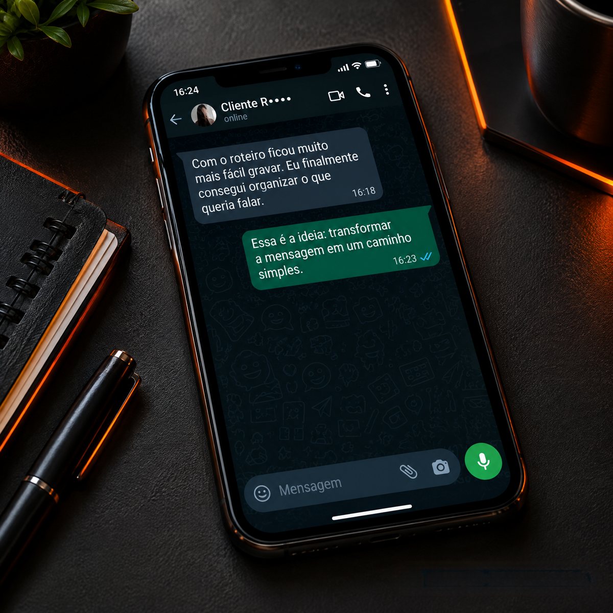 Conversa no WhatsApp: cliente conta que o roteiro facilitou gravar o conteúdo