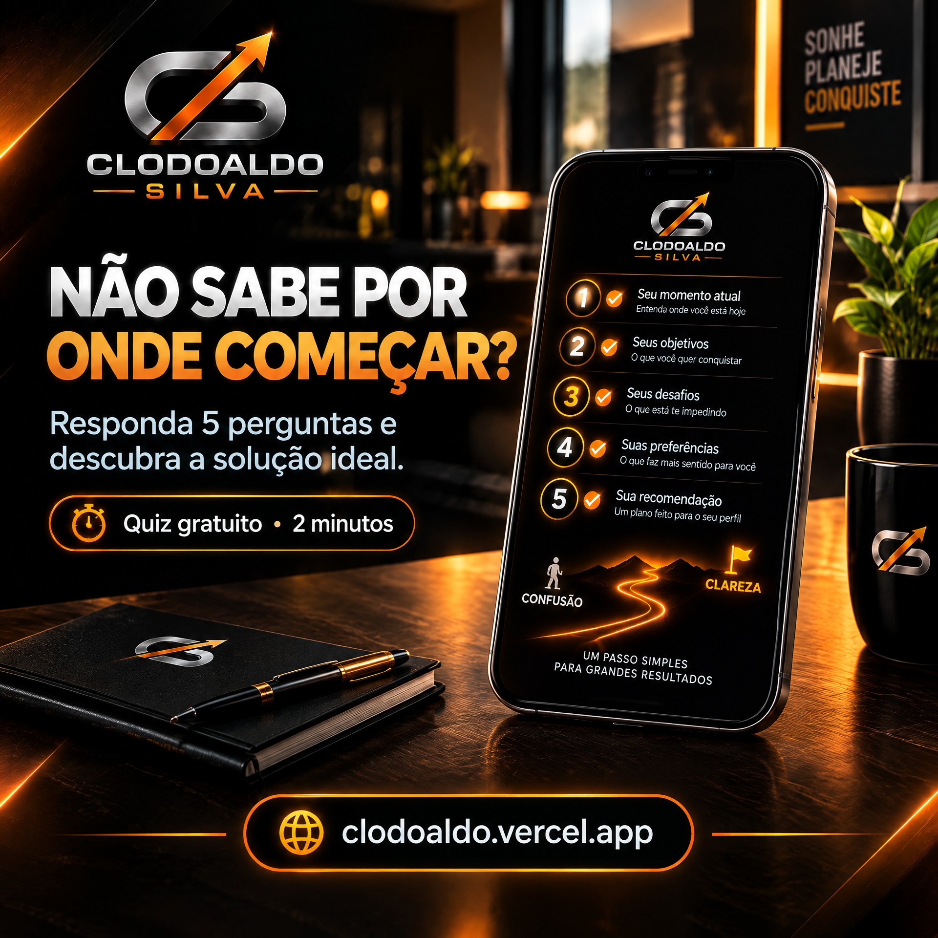 Quiz de recomendação Clodoaldo Silva — responda 6 perguntas e descubra a solução ideal, gratuito em 2 minutos