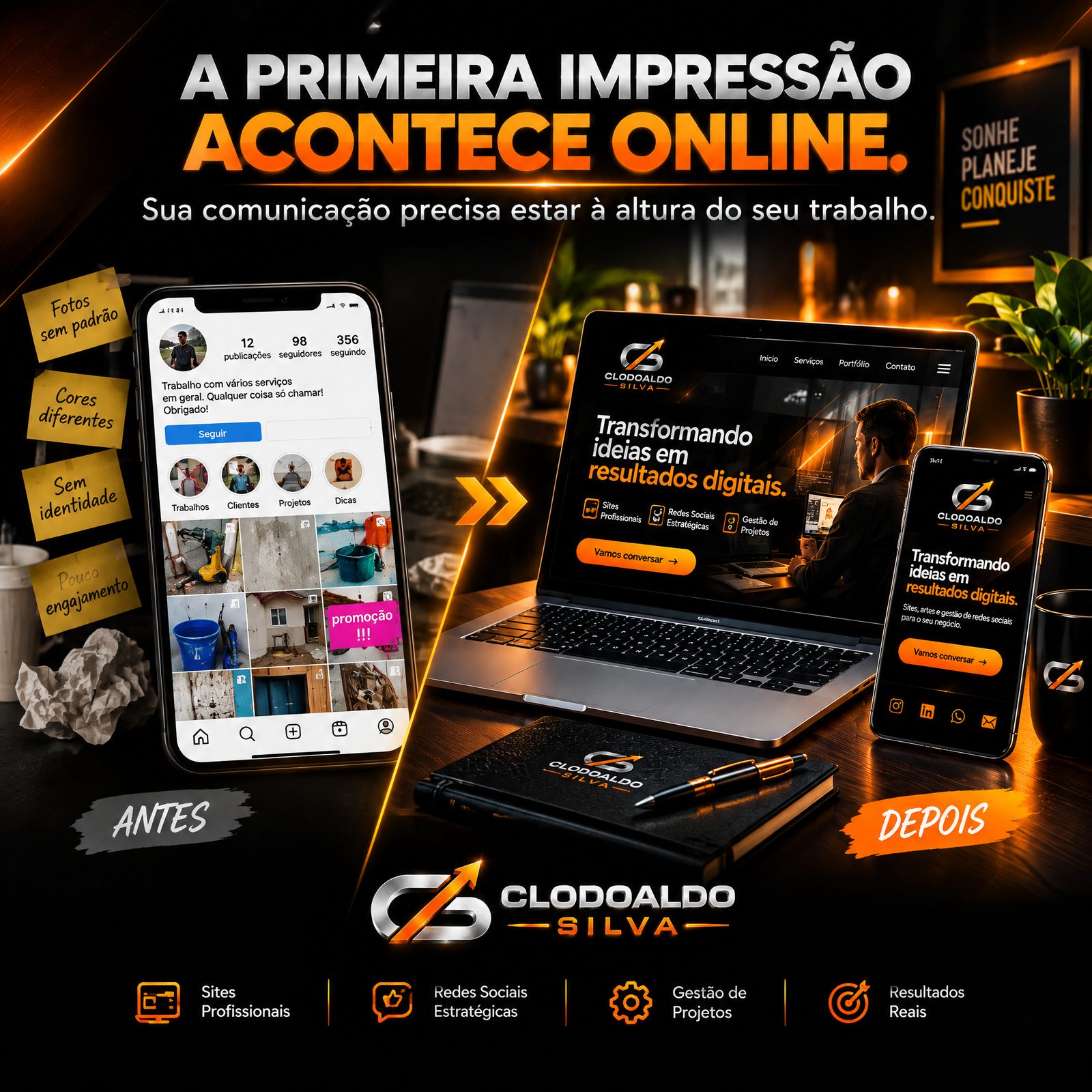 A primeira impressão acontece online — sua comunicação precisa estar à altura do seu trabalho. Transformação completa: do perfil amador à presença digital profissional